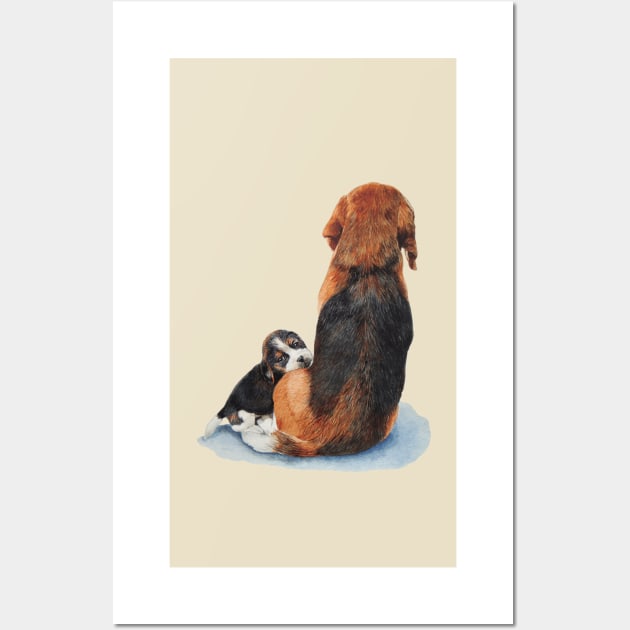 cute puppy beagle cuddling mum dog Wall Art by pollywolly